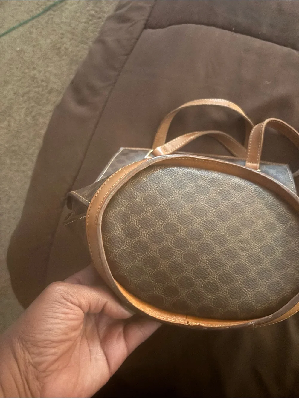 Celine Brown and Tan Coated Canvas Satchel